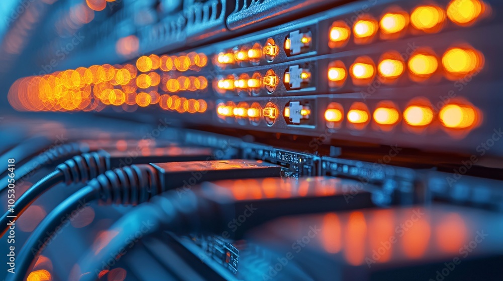 Data center servers with LED lights, network engineering, industrial, high quality, close-up, macro lens, 16:9 Data center servers with LED lights, network engineering, industrial, high quality, close-up, macro lens, 16:9