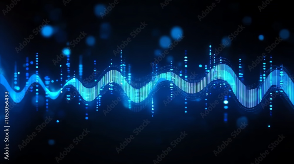 Fototapeta premium Abstract blue sound wave on a dark background, digital audio visualization.