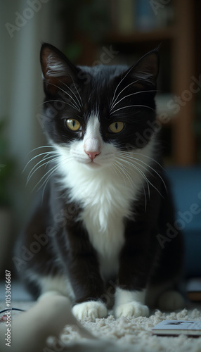 Black and White Kitten Sitting Indoors with Calm and Gentle Expression