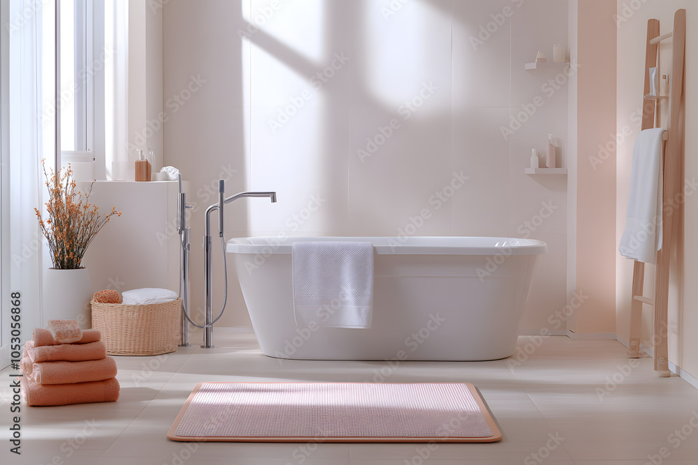 Fototapeta premium Elegant and Safe Bathroom Design for Bath Safety Month with Modern Freestanding Tub and Towels