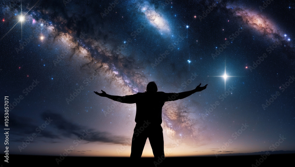 Silhouette of a man with arms outstretched against starry sky Silhouette of a man with arms outstretched against starry sky