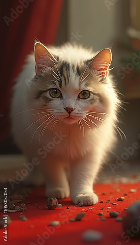 Fluffy White Kitten Standing Indoors with Innocent and Curious Look photo