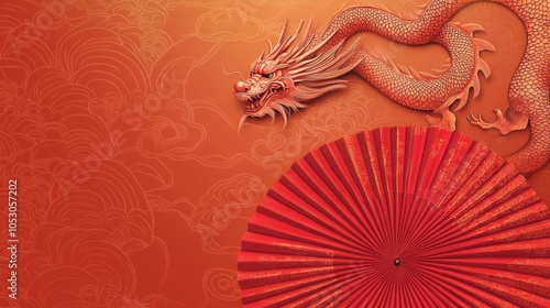 Happy Chinese New Year gradient card with a dragon circling a traditional red fan, creating