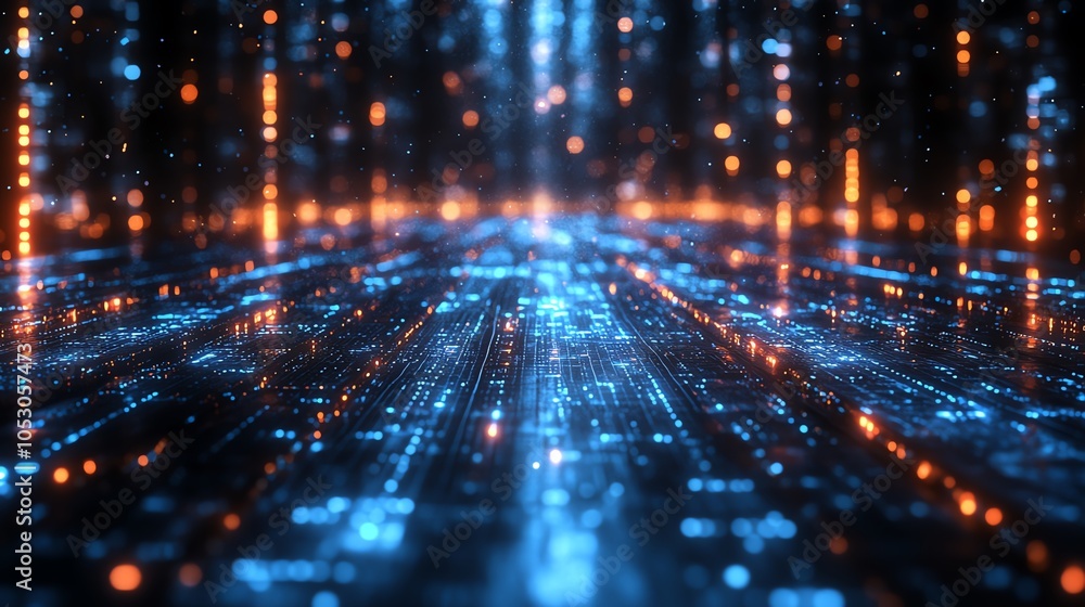 Futuristic digital landscape with glowing blue and orange circuit lines. Futuristic digital landscape with glowing blue and orange circuit lines.