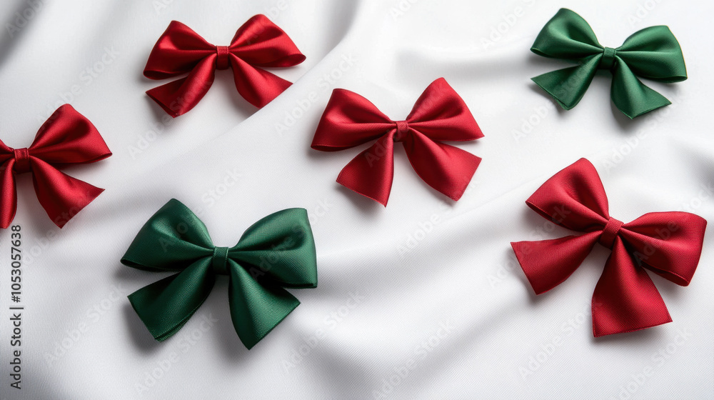 Festive red and green satin bows arranged on white fabric background create cheerful holiday atmosphere. Perfect for decorations or gift wrapping Festive red and green satin bows arranged on white fabric background create cheerful holiday atmosphere. Perfect for decorations or gift wrapping