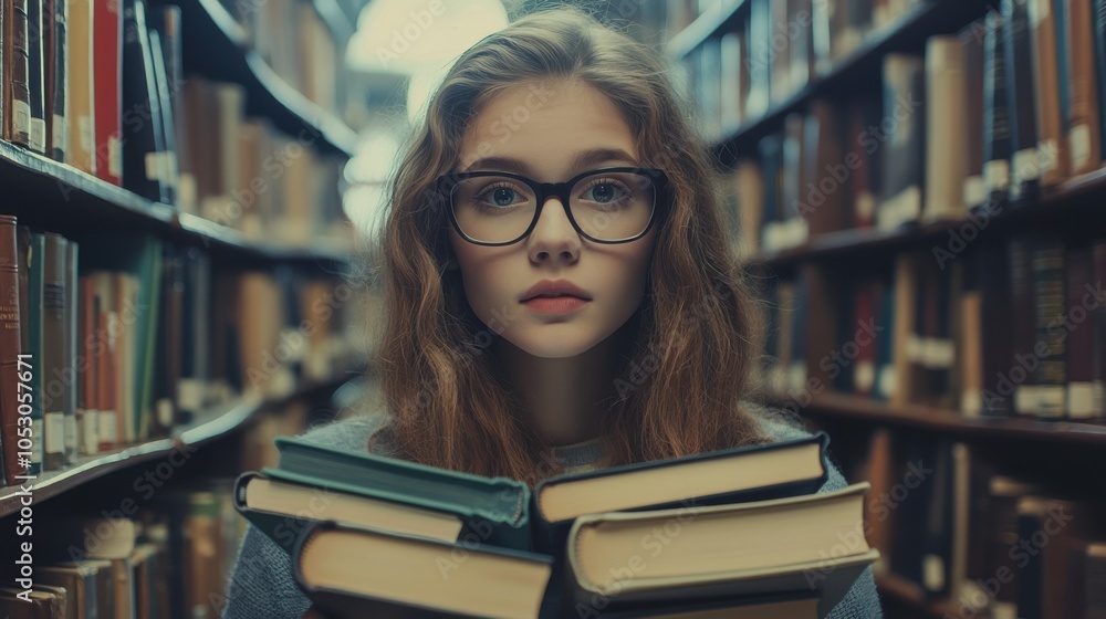 Hipster student in her 21s with glasses, confidently holding a stack of books in a cozy Hipster student in her 21s with glasses, confidently holding a stack of books in a cozy