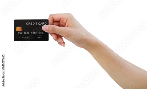 female shopping hand holding credit card with isolated against transparent background.