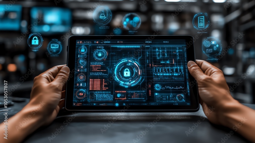 Hands holding tablet with futuristic security interface and digital elements. Hands holding tablet with futuristic security interface and digital elements.
