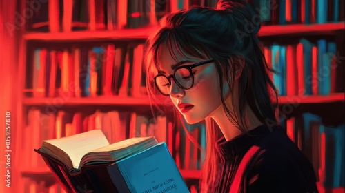 Hipster university student in her 12s with glasses, surrounded by bookshelves, holding photo