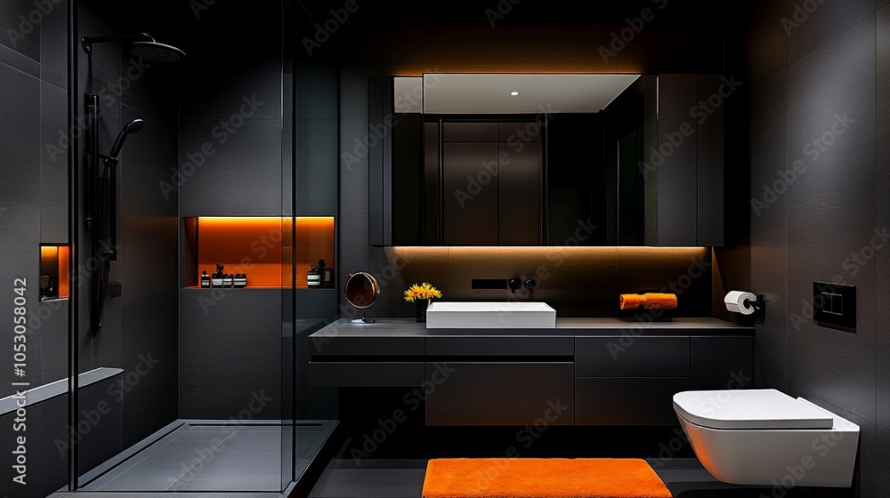 Modern Dark Bathroom with Orange Accents: A minimalist bathroom with dark grey walls and sleek ...