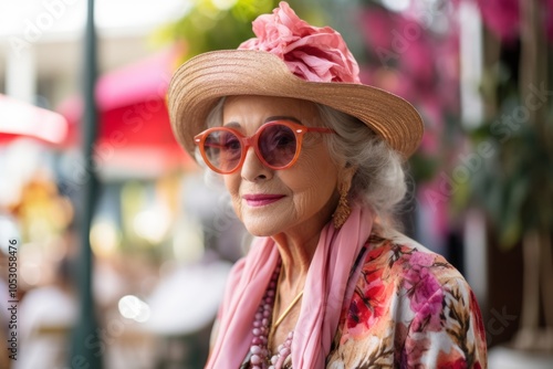Beautiful senior woman wearing hat and sunglasses on a summer day.