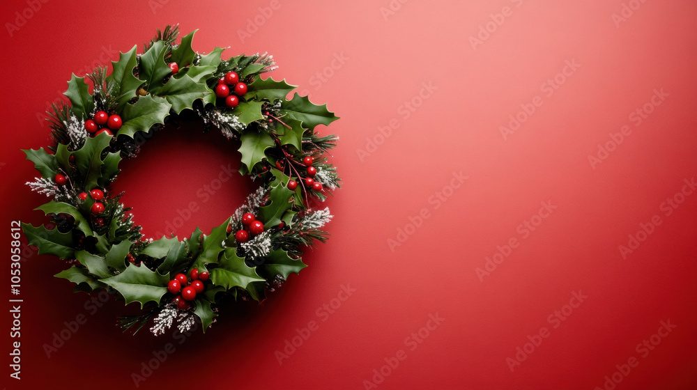 festive Christmas wreath adorned with vibrant red berries and lush green holly leaves, set against rich red background, evokes warm holiday spirit festive Christmas wreath adorned with vibrant red berries and lush green holly leaves, set against rich red background, evokes warm holiday spirit