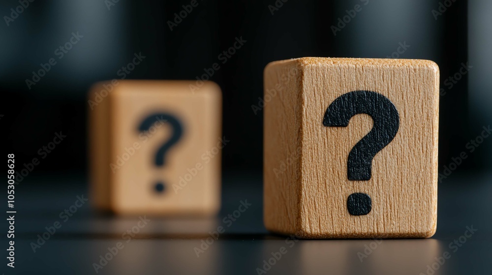 Wooden blocks with question marks on a dark surface against out-of-focus background. Wooden blocks with question marks on a dark surface against out-of-focus background.