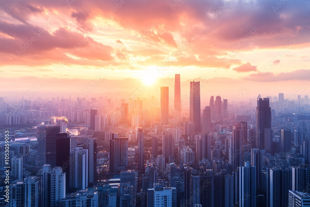 Fototapeta premium Stunning Sunset Over City Skyline - Urban Architecture Photography