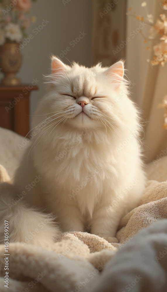 Obraz premium Fluffy White Kitten Sitting Indoors with Peaceful and Relaxed Look