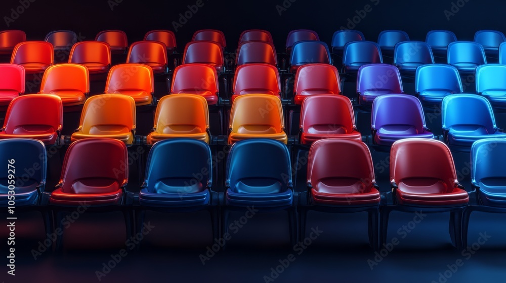 Naklejka premium A vibrant arrangement of colorful chairs in rows against a dark background, creating a visually striking and organized pattern.
