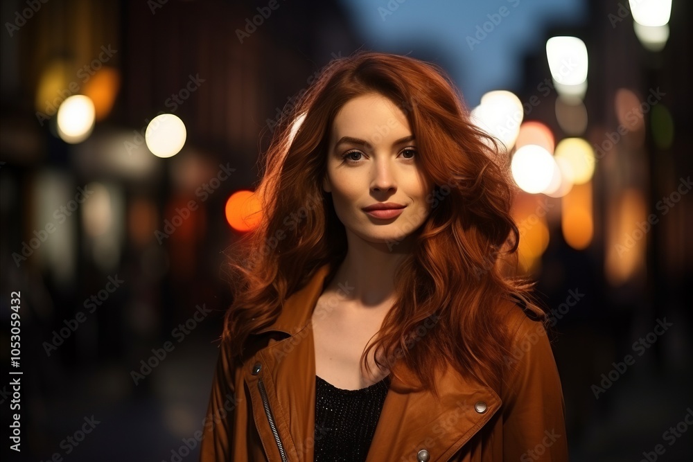 Beautiful young redhead woman at night in the city street. Beautiful young redhead woman at night in the city street.