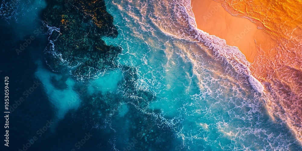 Fototapeta premium Aerial View of Turquoise Ocean Waves Breaking on Sandy Shore
