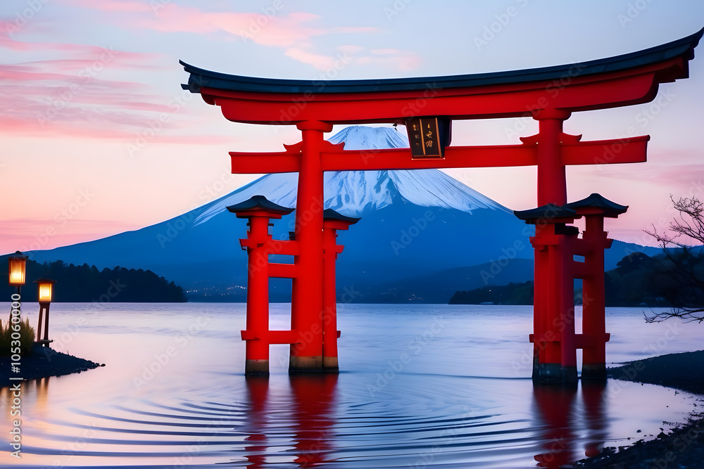 Mount Fuji with a Red Torii Gate and Calm Waters Mount Fuji with a Red Torii Gate and Calm Waters