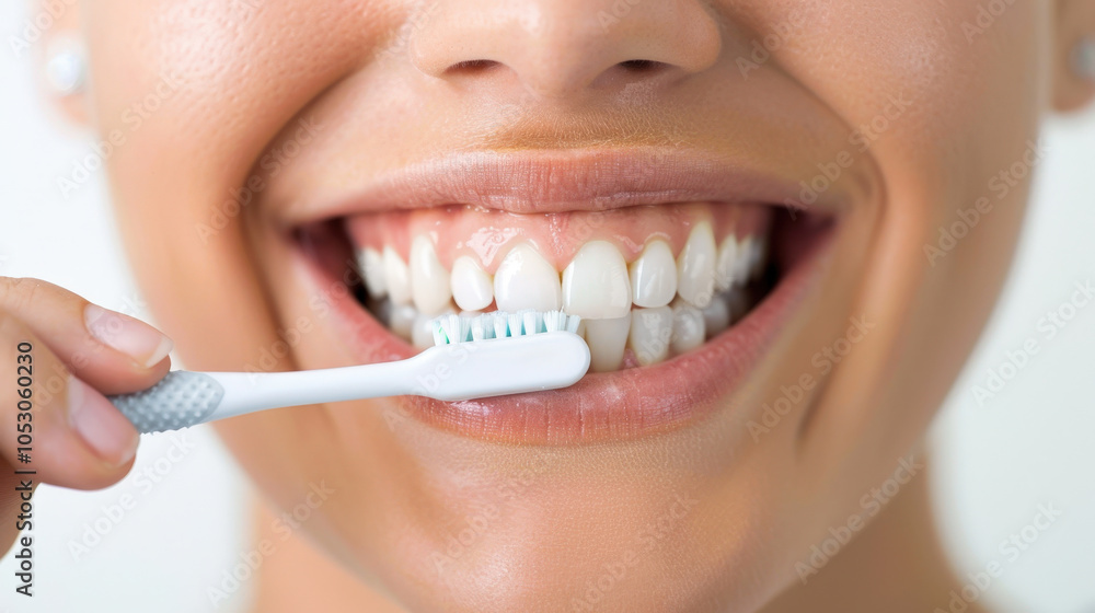 Fototapeta premium young adult with braces is carefully brushing their teeth, showcasing bright smile and healthy dental hygiene. This emphasizes importance of oral care and maintaining radiant smile