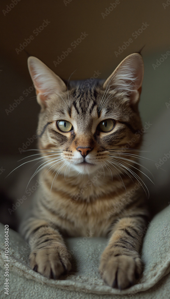 Fototapeta premium Calm Tabby Kitten Sitting Indoors with Gentle and Relaxed Expression
