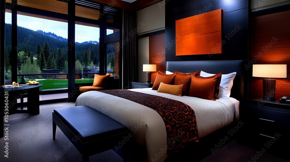 Mountain View Master Suite: Luxurious bedroom interior design with a king-size bed, elegant decor, and stunning mountain views through large windows. A perfect blend of comfort and sophistication. Mountain View Master Suite: Luxurious bedroom interior design with a king-size bed, elegant decor, and stunning mountain views through large windows. A perfect blend of comfort and sophistication.