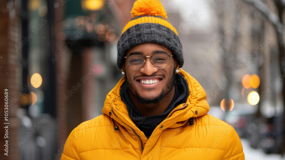 young man wearing bright yellow winter jacket and gray knitted hat with pom pom smiles warmly in snowy urban setting. His cheerful expression adds to winter charm young man wearing bright yellow winter jacket and gray knitted hat with pom pom smiles warmly in snowy urban setting. His cheerful expression adds to winter charm