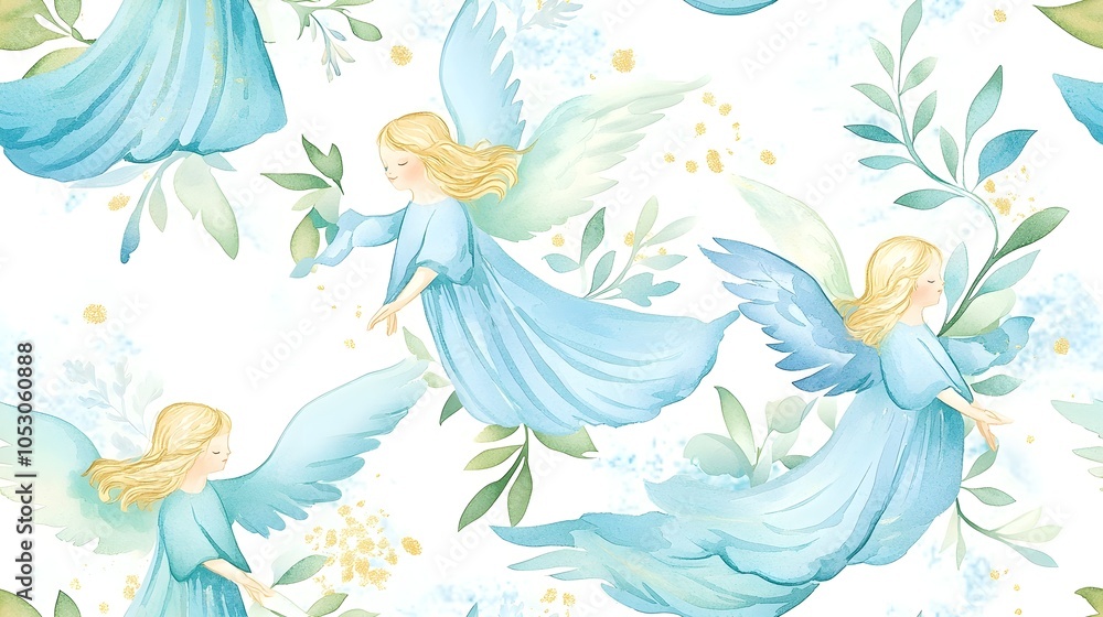 Fototapeta premium Watercolor Angel Seamless Pattern