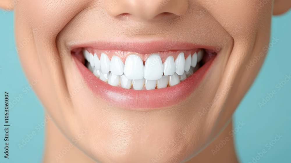 Obraz premium bright smile showcasing perfect white teeth against light blue background, radiating happiness and confidence. This captures essence of dental health and beauty