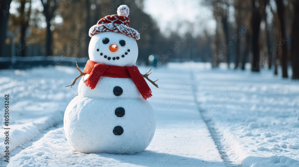 cheerful snowman stands in snowy park, adorned with red scarf and festive hat. Its coal eyes and carrot nose add playful touch to winter scene cheerful snowman stands in snowy park, adorned with red scarf and festive hat. Its coal eyes and carrot nose add playful touch to winter scene