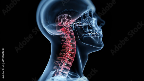X ray image showing human skull and cervical spine, highlighting misalignment in neck area. This detailed view emphasizes importance of spinal health and alignment