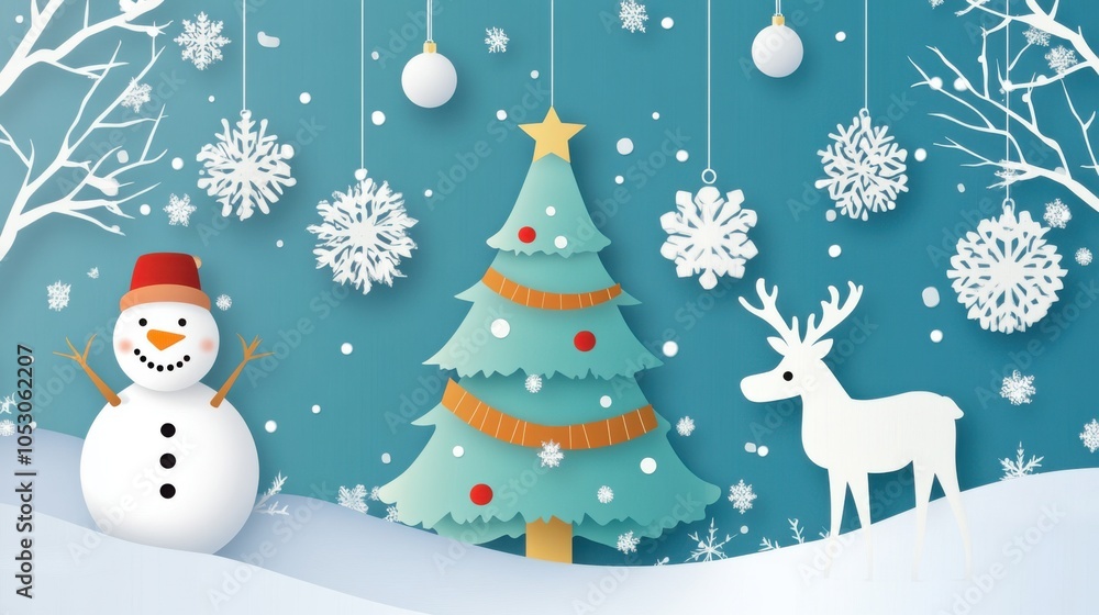 Seasonal Christmas card vector poster with a Christmas tree, snowman, reindeer, and Seasonal Christmas card vector poster with a Christmas tree, snowman, reindeer, and