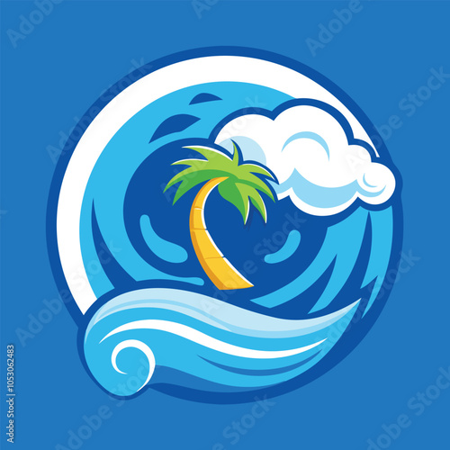 Palm tree in the middle of a large wave. 