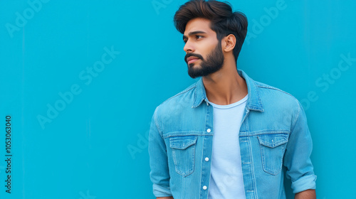 An Indian male model in a denim shirt mockup, suitable for casual or rugged fashion branding.  photo