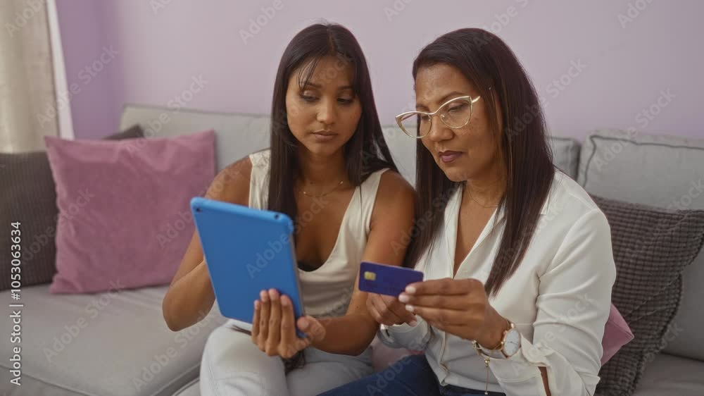 Mother and daughter using tablet and credit card while sitting on couch at home indicating online shopping or learning. Mother and daughter using tablet and credit card while sitting on couch at home indicating online shopping or learning.
