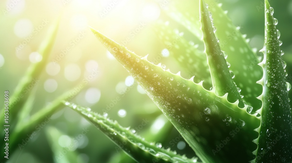 Close-up of aloe vera leaves with droplets, illuminated by soft sunlight. Close-up of aloe vera leaves with droplets, illuminated by soft sunlight.