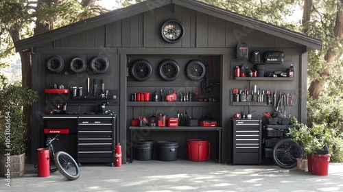 Organized and Well-Equipped Black Garage with Red Accents