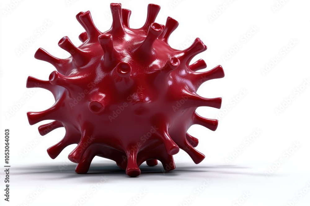 A 3D rendering of a red virus model, illustrating its structure with spikes, commonly used in scientific and educational contexts. A 3D rendering of a red virus model, illustrating its structure with spikes, commonly used in scientific and educational contexts.