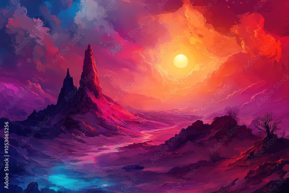 A Surreal Landscape with a Pink and Orange Sky and a Tall Mountain Peak A Surreal Landscape with a Pink and Orange Sky and a Tall Mountain Peak