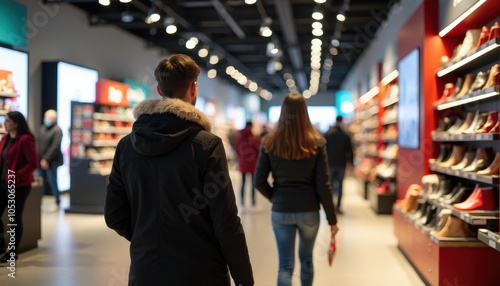 Modern Black Friday Shopping Experience with Engaged Shoppers Navigating Through Innovative Store Layouts.