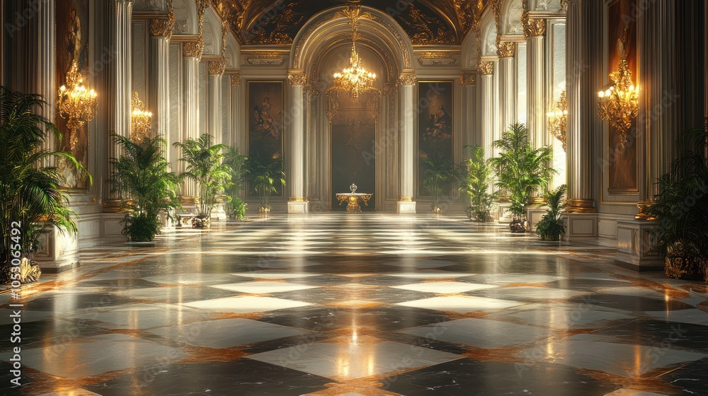 Fototapeta premium A grand, ornate hallway with checkered marble flooring, illuminated by sunlight streaming through arched windows.