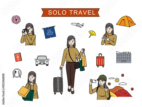秋旅、一人旅を楽しむ若い女性のイラストセット