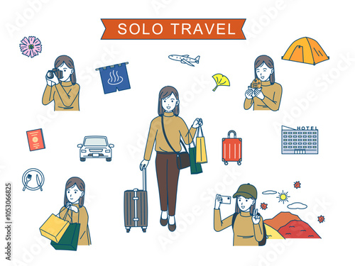 秋旅、一人旅を楽しむ若い女性のイラストセット