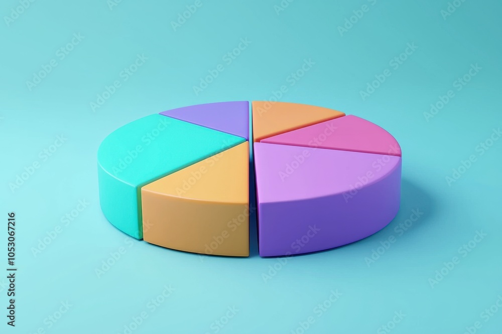 Obraz premium A colorful 3D pie chart with segments in various pastel colors, representing data visualization and analysis.