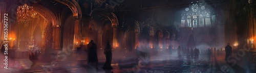 A grand ballroom in an abandoned castle with ghostly figures dancing in the moonlight photo