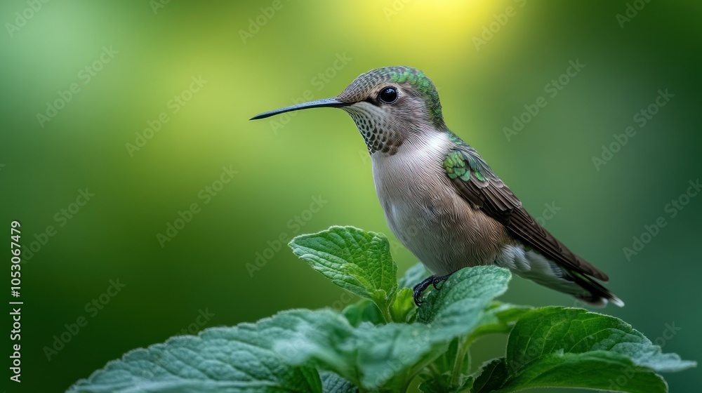Obraz premium A hummingbird perches on a leaf with a green and yellow blurred background.