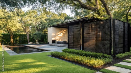 Modern Outdoor Space with Pool and Lush Greenery