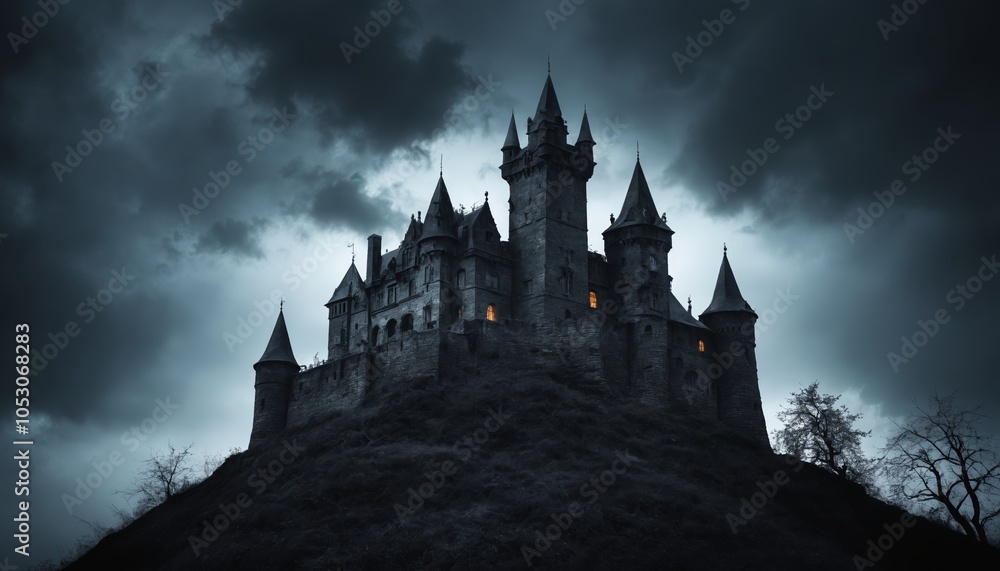 Mysterious castle atop a hill illuminated by moonlight under a dramatic night sky with swirling clouds Mysterious castle atop a hill illuminated by moonlight under a dramatic night sky with swirling clouds
