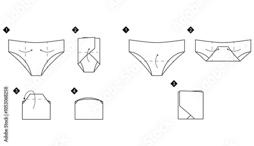 Instructions on how to fold panties. Black and white line art step-by-step illustration. Life hack about clothes.