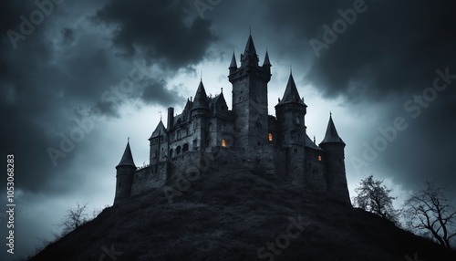 Mysterious castle atop a hill illuminated by moonlight under a dramatic night sky with swirling clouds